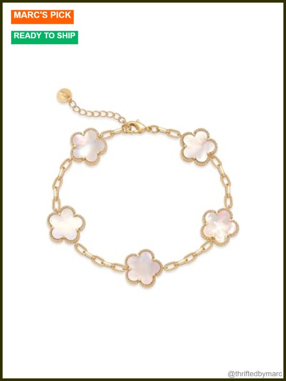 14K Gold Plated Mother of Pearl Clover Charm Bracelet Adjustable Chain